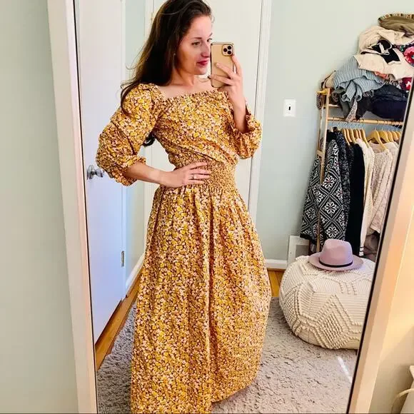 RIXO London Floral Dainty Ditsy Cottagecore Orange Maxi Dress Puff Sleeve M - Picture 2 of 16